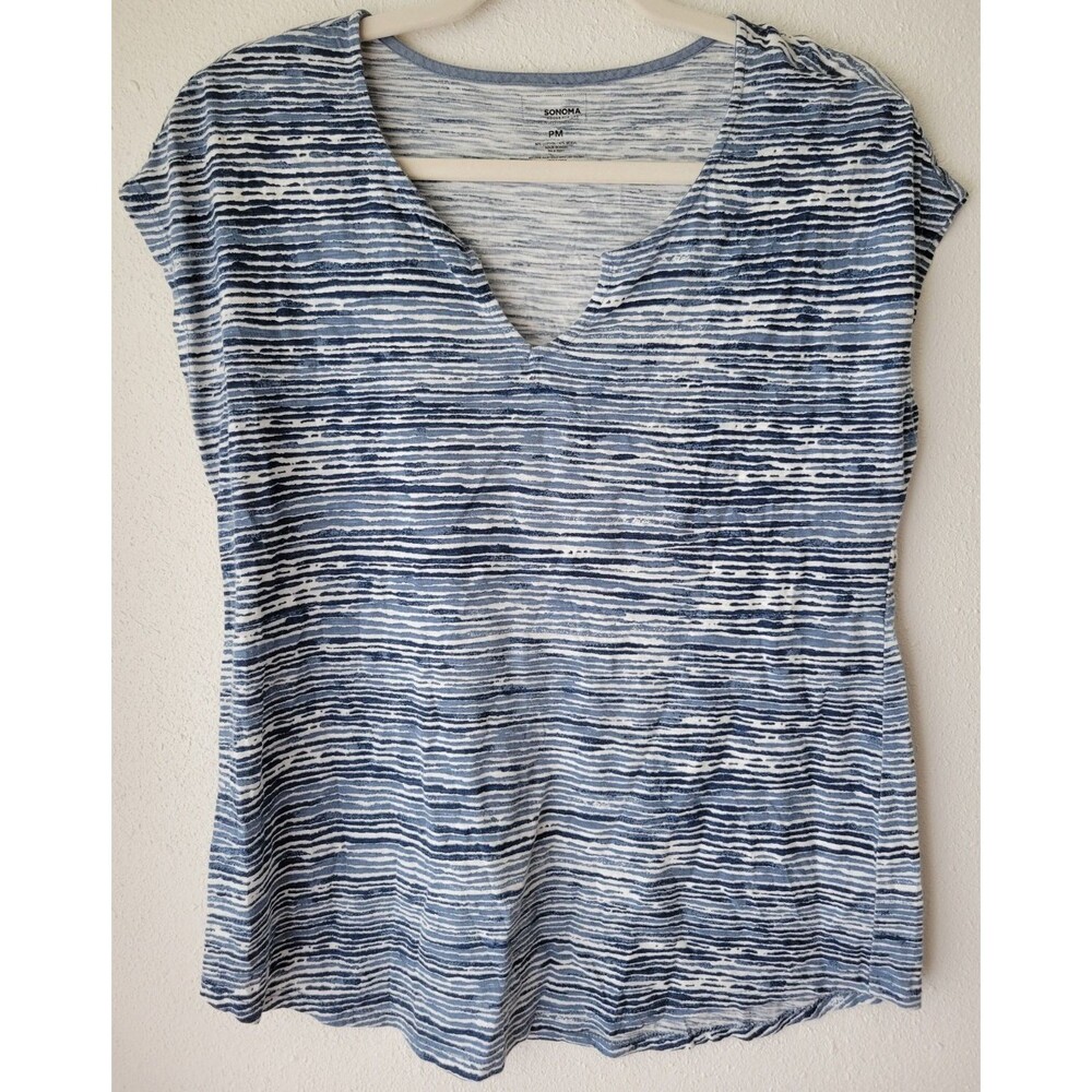 Sonoma Blue White Striped Top Women’s PM Petite Medium Split Neck Short Sleeve